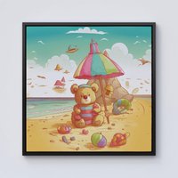 Warren Reed - Designer Lucky Teddy Bear On A Beach Holiday Framed Canvas in Black | Size: W30" x H30"
