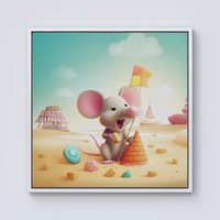Warren Reed - Designer A Mouse On A Beach Holiday Framed Canvas in Off-White | Size: W16" x H16"