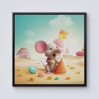 Warren Reed - Designer A Mouse On A Beach Holiday Framed Canvas in Black | Size: W16" x H16"