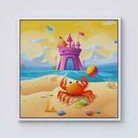 Warren Reed - Designer Orange Crab On A Beach Holiday Framed Canvas in Off-White | Size: w10 inch x h10 inch