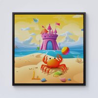 Warren Reed - Designer Orange Crab On A Beach Holiday Framed Canvas in Black | Size: W16" x H16"