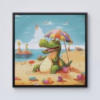 Warren Reed - Designer A Crocodile On A Beach Holiday Framed Canvas in Black | Size: w10 inch x h10 inch
