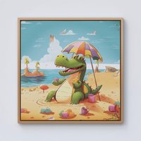 Warren Reed - Designer A Crocodile On A Beach Holiday Framed Canvas in Light Brown | Size: W16" x H16"