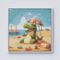 Warren Reed - Designer A Crocodile On A Beach Holiday Framed Canvas in Off-White | Size: w40 inch x h40 inch