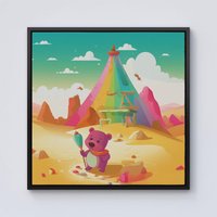 Warren Reed - Designer Purple Bear On A Beach Holiday Framed Canvas in Black | Size: W16" x H16"