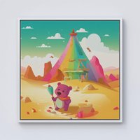 Warren Reed - Designer Purple Bear On A Beach Holiday Framed Canvas in Off-White | Size: W30" x H30"