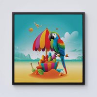 Warren Reed - Designer Parrot On A Beach Holiday Framed Canvas in Black | Size: w10 inch x h10 inch