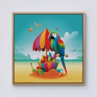 Warren Reed - Designer Parrot On A Beach Holiday Framed Canvas in Light Brown | Size: W16" x H16"