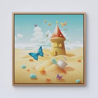 Warren Reed - Designer Butterflies On A Beach Holiday Framed Canvas in Light Brown | Size: w40 inch x h40 inch