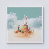Warren Reed - Designer White Rabbit On A Beach Holiday Framed Canvas in Off-White | Size: w10 inch x h10 inch