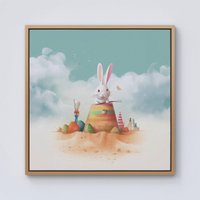 Warren Reed - Designer White Rabbit On A Beach Holiday Framed Canvas in Light Brown | Size: W16" x H16"