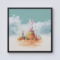 Warren Reed - Designer White Rabbit On A Beach Holiday Framed Canvas in Black | Size: W30" x H30"