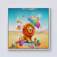 Warren Reed - Designer Lion On A Beach Holiday Framed Canvas in Off-White | Size: W30" x H30"