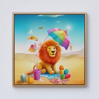Warren Reed - Designer Lion On A Beach Holiday Framed Canvas in Light Brown | Size: W30" x H30"