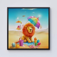Warren Reed - Designer Lion On A Beach Holiday Framed Canvas in Black | Size: w40 inch x h40 inch