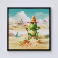 Warren Reed - Designer Happy Frog On A Beach Holiday Framed Canvas in Black | Size: w10 inch x h10 inch