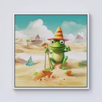 Warren Reed - Designer Happy Frog On A Beach Holiday Framed Canvas in Off-White | Size: W30" x H30"