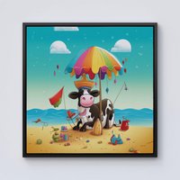 Warren Reed - Designer Cow On A Beach Holiday Framed Canvas in Black | Size: w10 inch x h10 inch