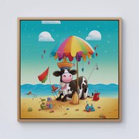 Warren Reed - Designer Cow On A Beach Holiday Framed Canvas in Light Brown | Size: W30" x H30"