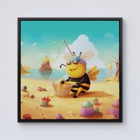 Warren Reed - Designer Bumblebee On A Beach Holiday Framed Canvas in Black | Size: W16" x H16"