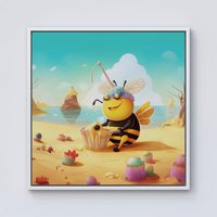 Warren Reed - Designer Bumblebee On A Beach Holiday Framed Canvas in Off-White | Size: W30" x H30"