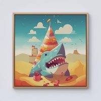 Warren Reed - Designer Shark On A Beach Holiday Framed Canvas in Light Brown | Size: W16" x H16"