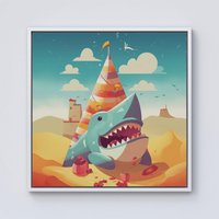 Warren Reed - Designer Shark On A Beach Holiday Framed Canvas in Off-White | Size: W30" x H30"