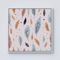 Warren Reed - Designer Pastel Feather Pattern Framed Canvas in Off-White | Size: W16" x H16"