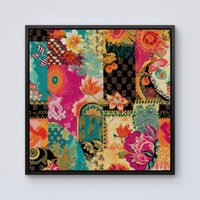 Warren Reed - Designer Patchwork Mixed Textiles Framed Canvas in Black | Size: w10 inch x h10 inch
