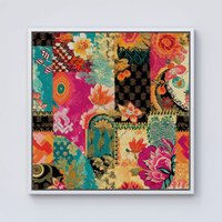 Warren Reed - Designer Patchwork Mixed Textiles Framed Canvas in Off-White | Size: w40 inch x h40 inch