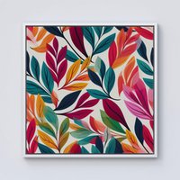Warren Reed - Designer Bright Leaves Pattern Framed Canvas in Off-White | Size: W16" x H16"