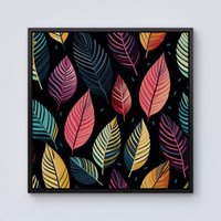 Warren Reed - Designer Colourful Leaves Pattern Framed Canvas in Black | Size: w40 inch x h40 inch