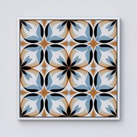 Warren Reed - Designer White Brown & Blue Geometric Pattern Framed Canvas in Off-White | Size: W16" x H16"