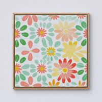 Warren Reed - Designer Green & Yellow Flowers Framed Canvas in Light Brown | Size: W16" x H16"