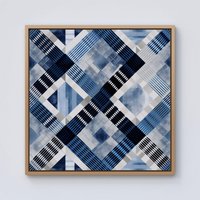 Warren Reed - Designer Checkered Square Black & Blue Framed Canvas in Light Brown | Size: W16" x H16"