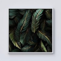 Warren Reed - Designer Green & Gold Leaves Framed Canvas in Off-White | Size: w10 inch x h10 inch