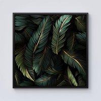 Warren Reed - Designer Green & Gold Leaves Framed Canvas in Black | Size: w40 inch x h40 inch