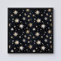 Warren Reed - Designer Silver Gold Snowflake Pattern Framed Canvas in Black | Size: w10 inch x h10 inch