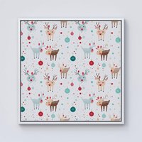 Warren Reed - Designer Happy Reindeer With Christmas Lights Framed Canvas in Off-White | Size: w10 inch x h10 inch
