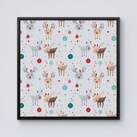 Warren Reed - Designer Happy Reindeer With Christmas Lights Framed Canvas in Black | Size: W30" x H30"
