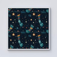Warren Reed - Designer Christmas Stocking In A Starry Night Sky Framed Canvas in Off-White | Size: w10 inch x h10 inch