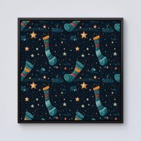 Warren Reed - Designer Christmas Stocking In A Starry Night Sky Framed Canvas in Black | Size: w10 inch x h10 inch