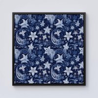 Warren Reed - Designer Paisley Christmas Stars Blue Framed Canvas in Black | Size: W30" x H30"