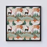 Warren Reed - Designer Reindeer On A Snowy Landscape Pattern Framed Canvas in Black | Size: w10 inch x h10 inch