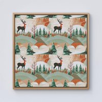 Warren Reed - Designer Reindeer On A Snowy Landscape Pattern Framed Canvas in Light Brown | Size: W16" x H16"
