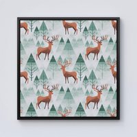 Warren Reed - Designer Reindeer On A Snowy Landscape Framed Canvas in Black | Size: W16" x H16"