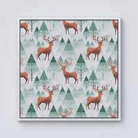 Warren Reed - Designer Reindeer On A Snowy Landscape Framed Canvas in Off-White | Size: W30" x H30"