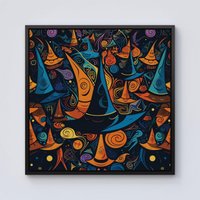 Warren Reed - Designer Imaginative Abstract Witches Hats Framed Canvas in Black | Size: w40 inch x h40 inch