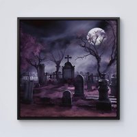 Warren Reed - Designer Witchs Moonlit Cemetery Design Framed Canvas in Black | Size: W16" x H16"