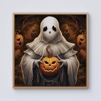 Warren Reed - Designer Spooky White Ghost Holding Pumpkin Framed Canvas in Light Brown | Size: W30" x H30"